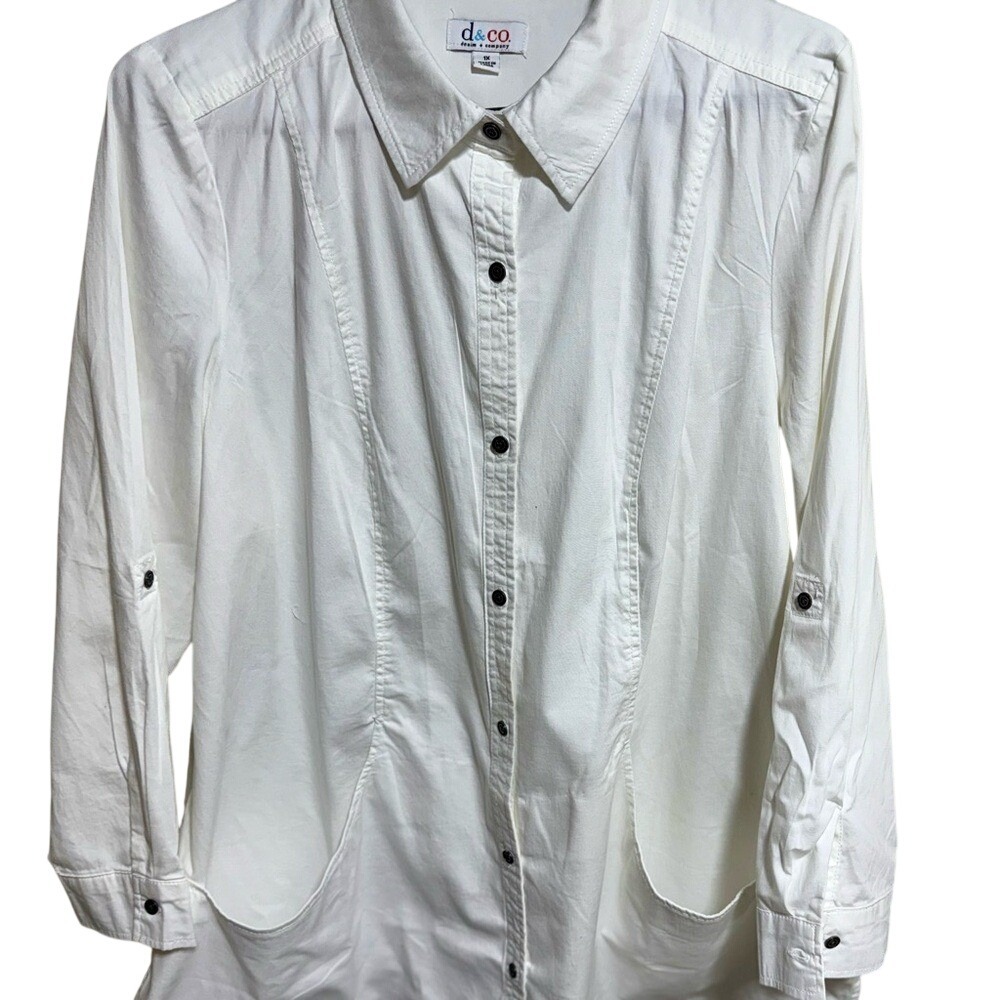 Denim & Co Women Plus 1X‎ White Button Down Shirt Top or Light Jacket Pockets